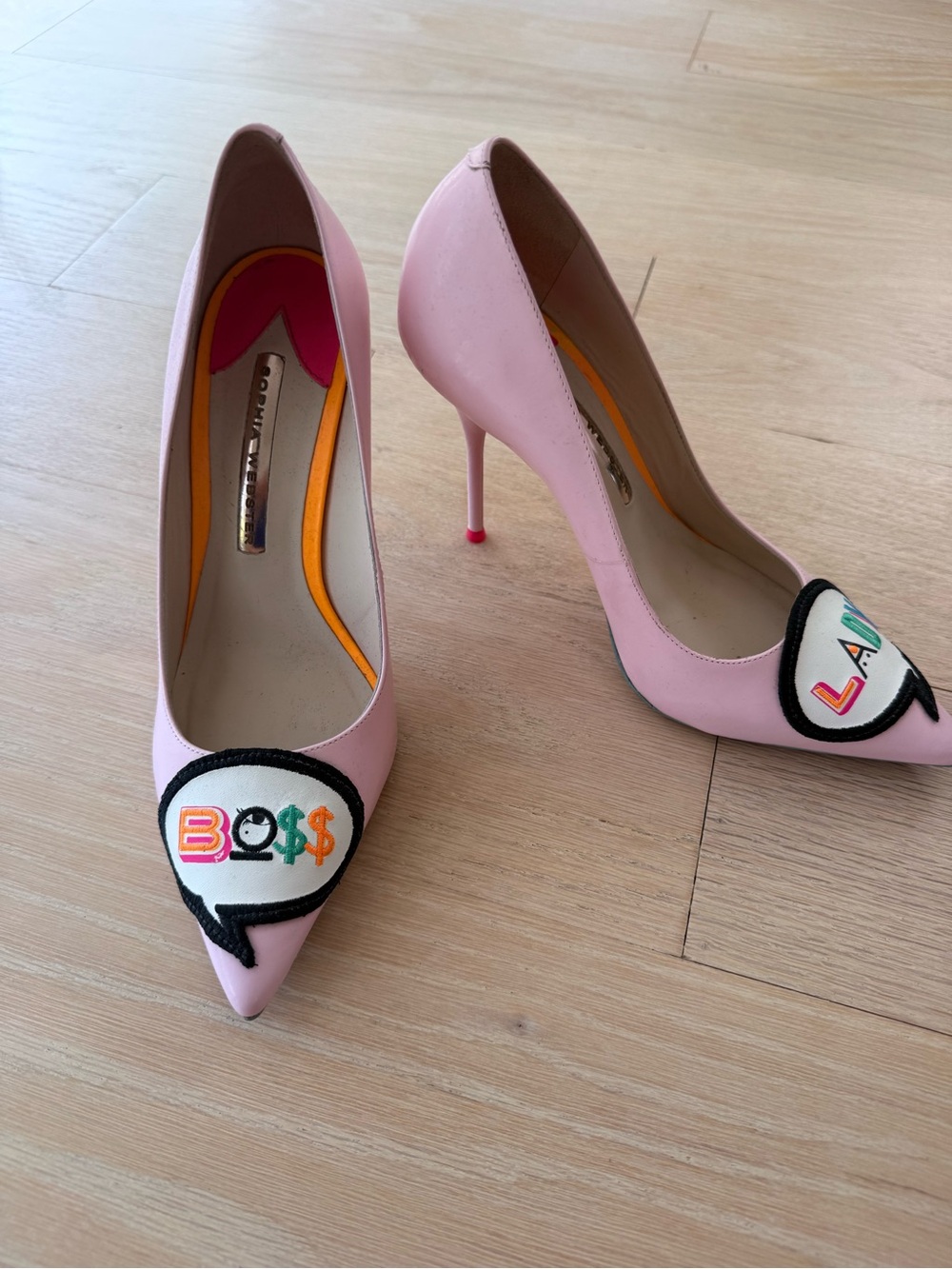 Sophia Webster Pink Pointed-Toe Pumps with 'Boss Lady' Appliqué - Picture 2 of 6